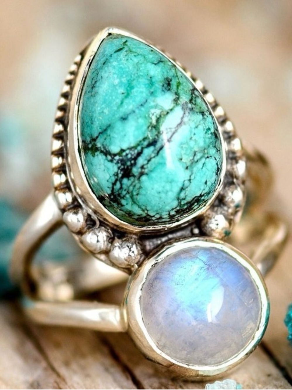 Sterling Silver Turquoise & Moonstone Statement Ring Size 8